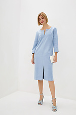 Straight business dress in blue eco-suede with a front slit Garne 3039457 photo №2