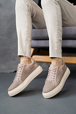 Perforated beige leather women's sneakers  8018482 photo №1