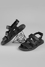Чоловічі шкіряні сандалі на липучках чорного кольору  4205555 фото №2