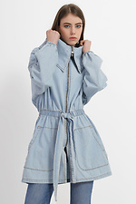 Denim spring jacket with belt, large pockets and high collar  4014587 photo №1