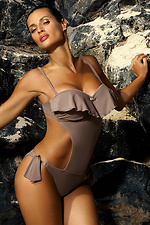 One-piece beige monokini swimsuit with ruffles and ties on the sides Marko 4023592 photo №1