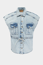 Женская джинсовая жилетка безрукавка со спущенным плечом и затяжкой на талии  4014595 фото №5