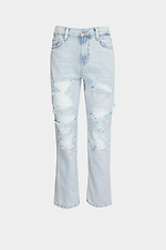 Jasne damskie jeansy z przetarciami i frędzlami na kolanach  4014624 zdjęcie №5
