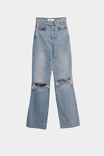 Женские клешные джинсы высокой посадки с рваными коленями  4014630 фото №5
