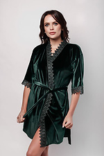 Зеленый домашний халат на запАх короткий с кружевом L'amore 4026653 фото №1