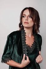 Зеленый домашний халат на запАх короткий с кружевом L'amore 4026653 фото №3