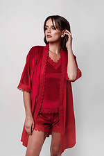 Красный бархатный халат на запАх короткий с кружевом L'amore 4026655 фото №2