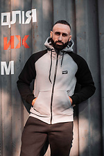 Sports gray zipper jacket with a hood and black sleeves Custom Wear 8025684 photo №1