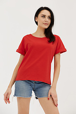 Kurzärmliges Baumwoll-T-Shirt mit weitem Halsausschnitt für Damen Garne 3038687 Foto №1