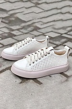 Spring women's sneakers in perforation made of genuine leather of milky color  8019714 photo №1