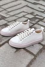 Spring women's sneakers in perforation made of genuine leather of milky color  8019714 photo №3
