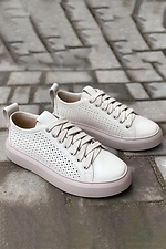 Spring women's sneakers in perforation made of genuine leather of milky color  8019714 photo №4