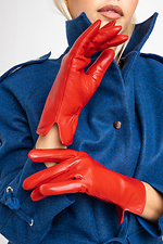 Осінні шкіряні рукавички на флісі червоного кольору  4007734 фото №3