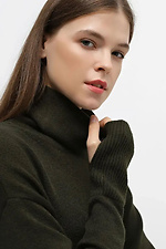 Knitted women's dress with a cowl collar and a decorative slit in the front khaki  4038741 photo №4