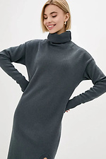 Knitted women's dress with a cowl collar and a decorative slit in the front, dark gray  4038742 photo №2
