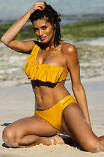 One-piece swimsuit in mustard color with a flounce on padded cups Marko 4023770 photo №1