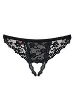 Open black thong panties made of transparent lace with an intimate slit Obsessive 4025781 photo №4