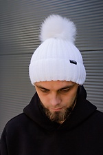 Winter knitted hat with fleece lining and fluffy pompom Without 8048807 photo №2