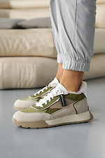 Winter leather sneakers for women, beige with green inserts  8019866 photo №5