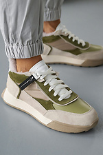 Winter leather sneakers for women, beige with green inserts  8019866 photo №9