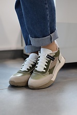 Winter leather sneakers for women, beige with green inserts  8019866 photo №10