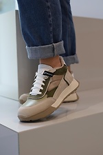 Winter leather sneakers for women, beige with green inserts  8019866 photo №11