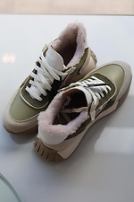 Winter leather sneakers for women, beige with green inserts  8019866 photo №15