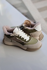 Winter leather sneakers for women, beige with green inserts  8019866 photo №17