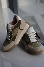 Winter leather sneakers for women, beige with green inserts  8019866 photo №18