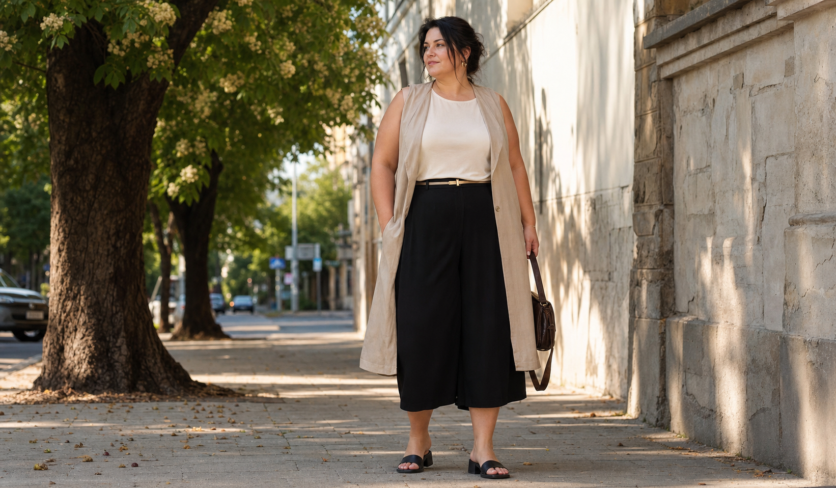 Beige NADIN Vest with a White DIANA Tank Top and Black LOOK Culottes in a Plus Size Look