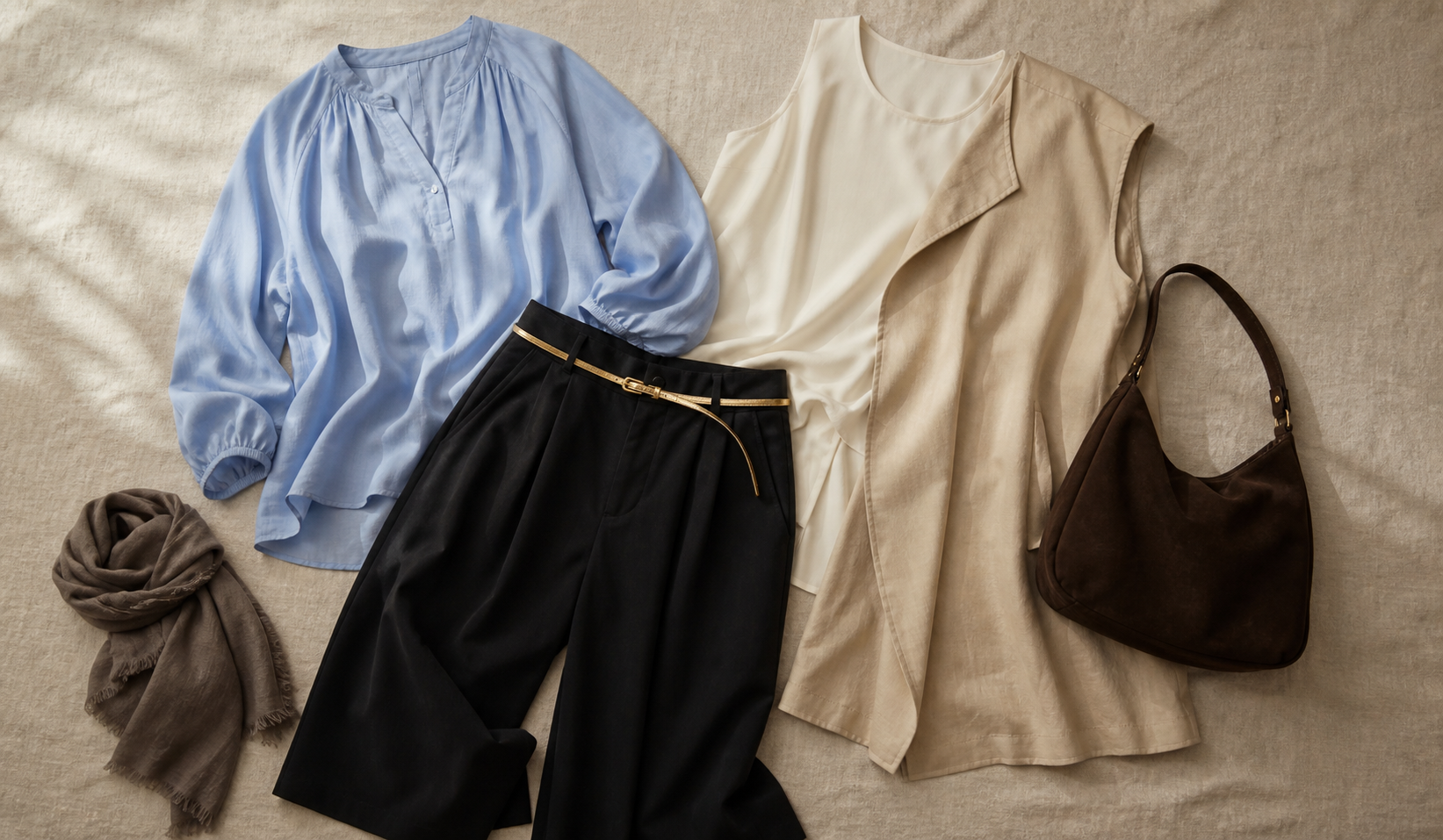 Garne capsule collection layout: light blue blouse, black culottes, off-white tank top, and beige vest