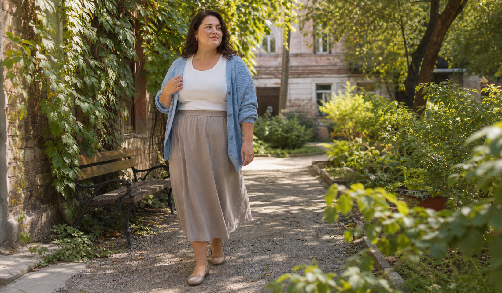 DIANA milk tank, DAIRE skirt, and SISTER light blue cardigan in a plus size look