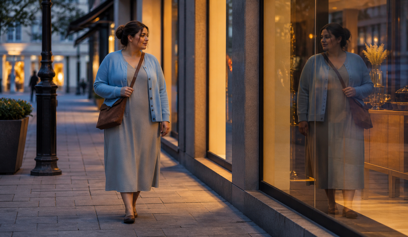 Plus-size woman in a taupe dress and light blue cardigan with a chocolate bag in the evening city