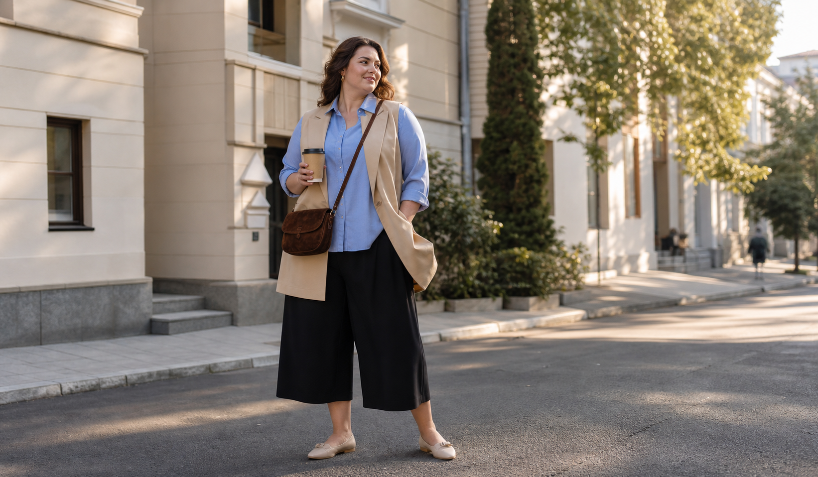 Plus Size Woman in a Light Blue Blouse, Black Culottes, and a Beige Vest in an Urban Look