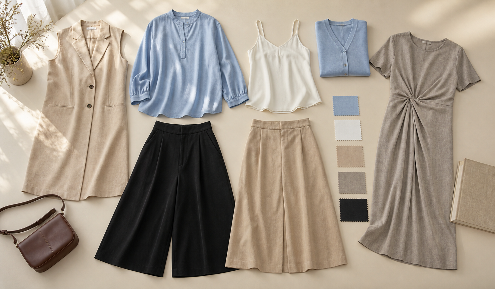 Flat lay Plus Size capsule collection with a beige vest, light blue blouse, black culottes, skirt, dress, and cardigan
