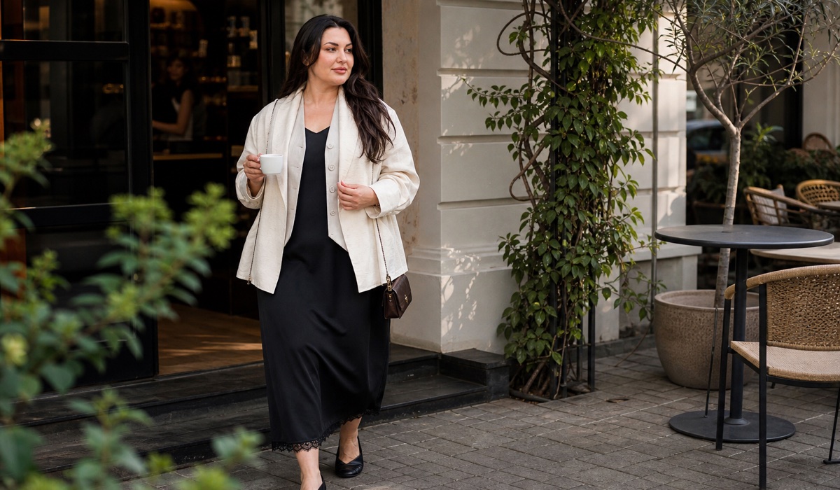 Black cloth and milk jacket for a smart casual look Garne plus size