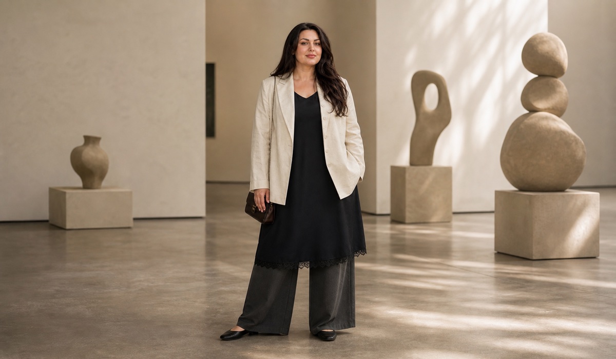 Black cloth, culottes and a milk jacket for a smart casual look at Garne plus size