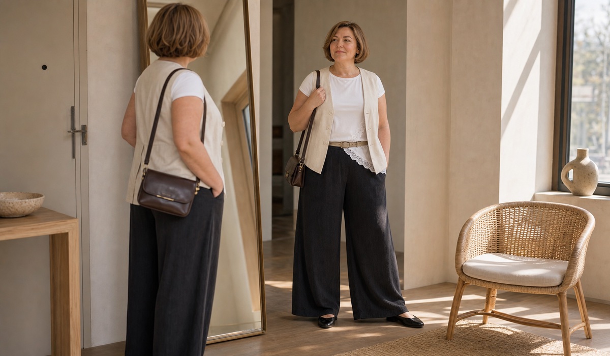 White top, black culottes and a light vest for home look Garne plus size