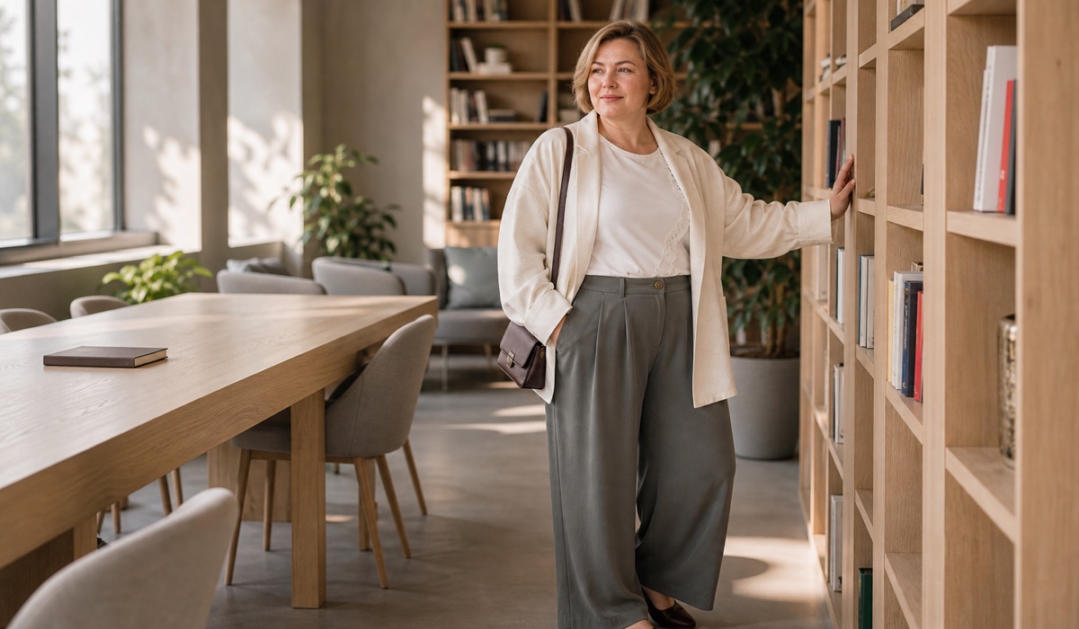 Milk jacket, white T-shirt and olive pants Garne plus size