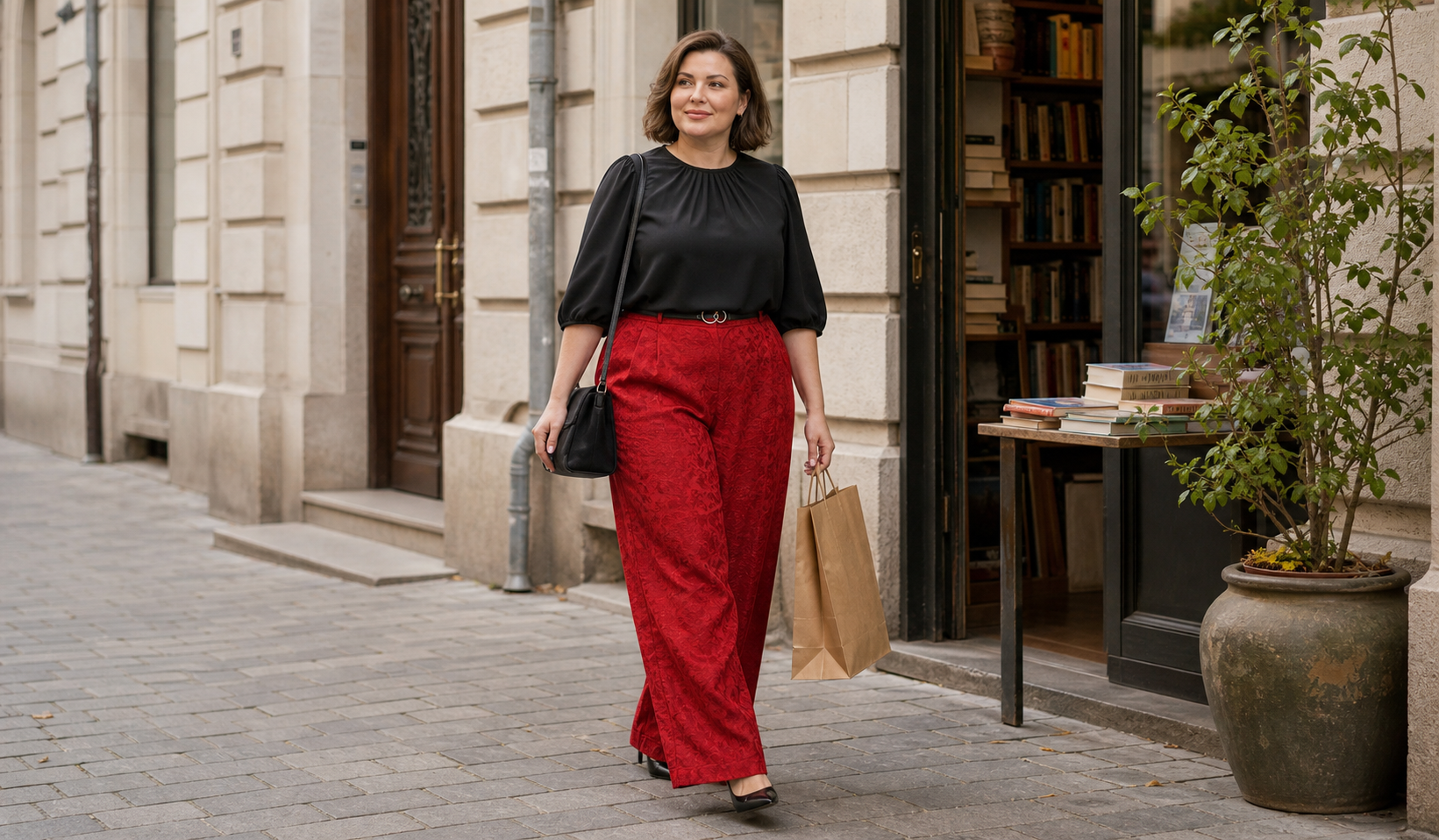 Black blouse and red wide-leg trousers for a city walk Garne plus size