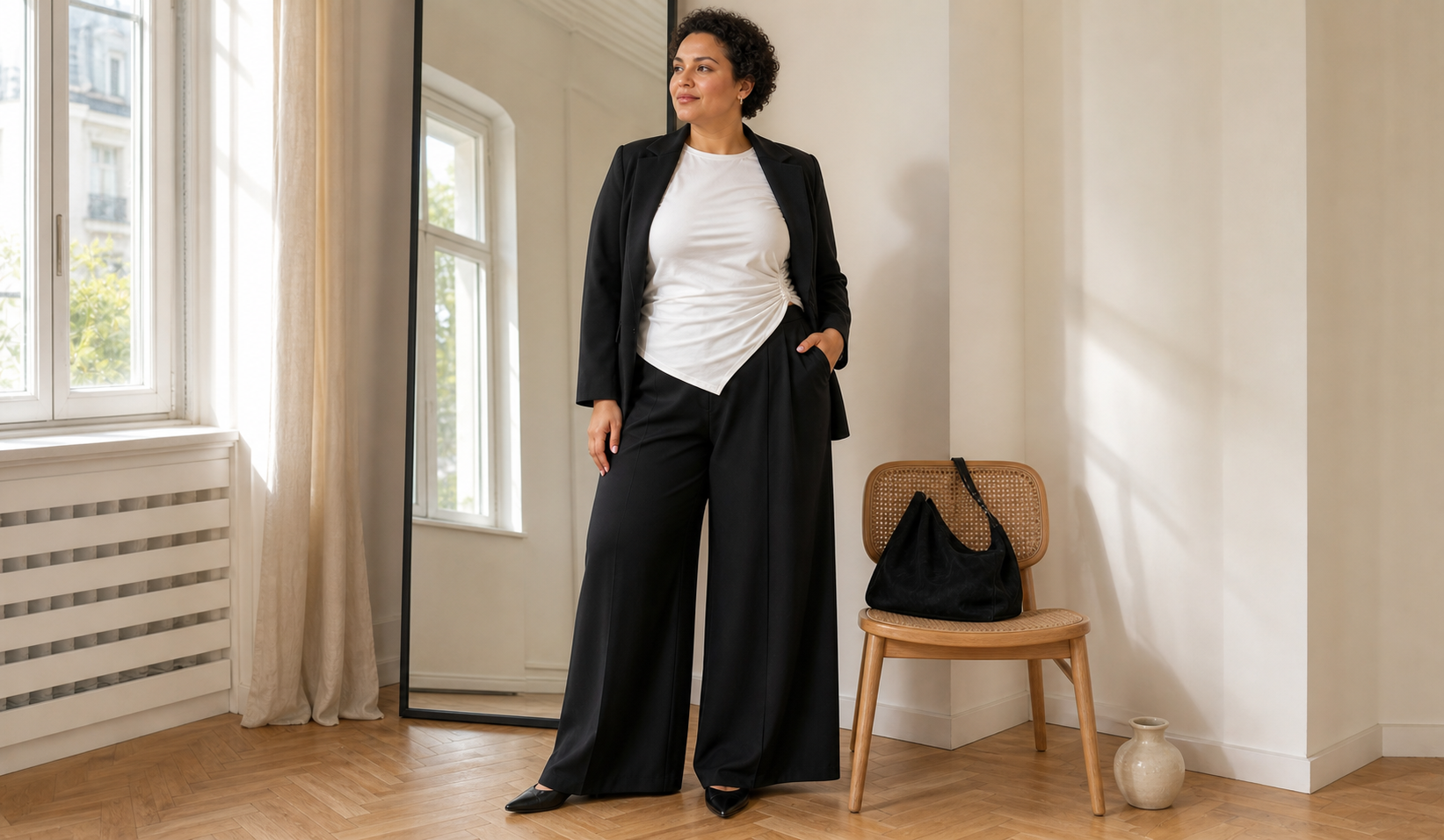 White asymmetrical T-shirt, jacket, and black culottes from Garne plus size