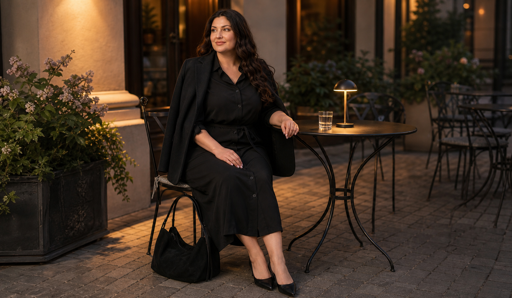 Black shirt dress with a jacket in a plus-size evening look at Garne