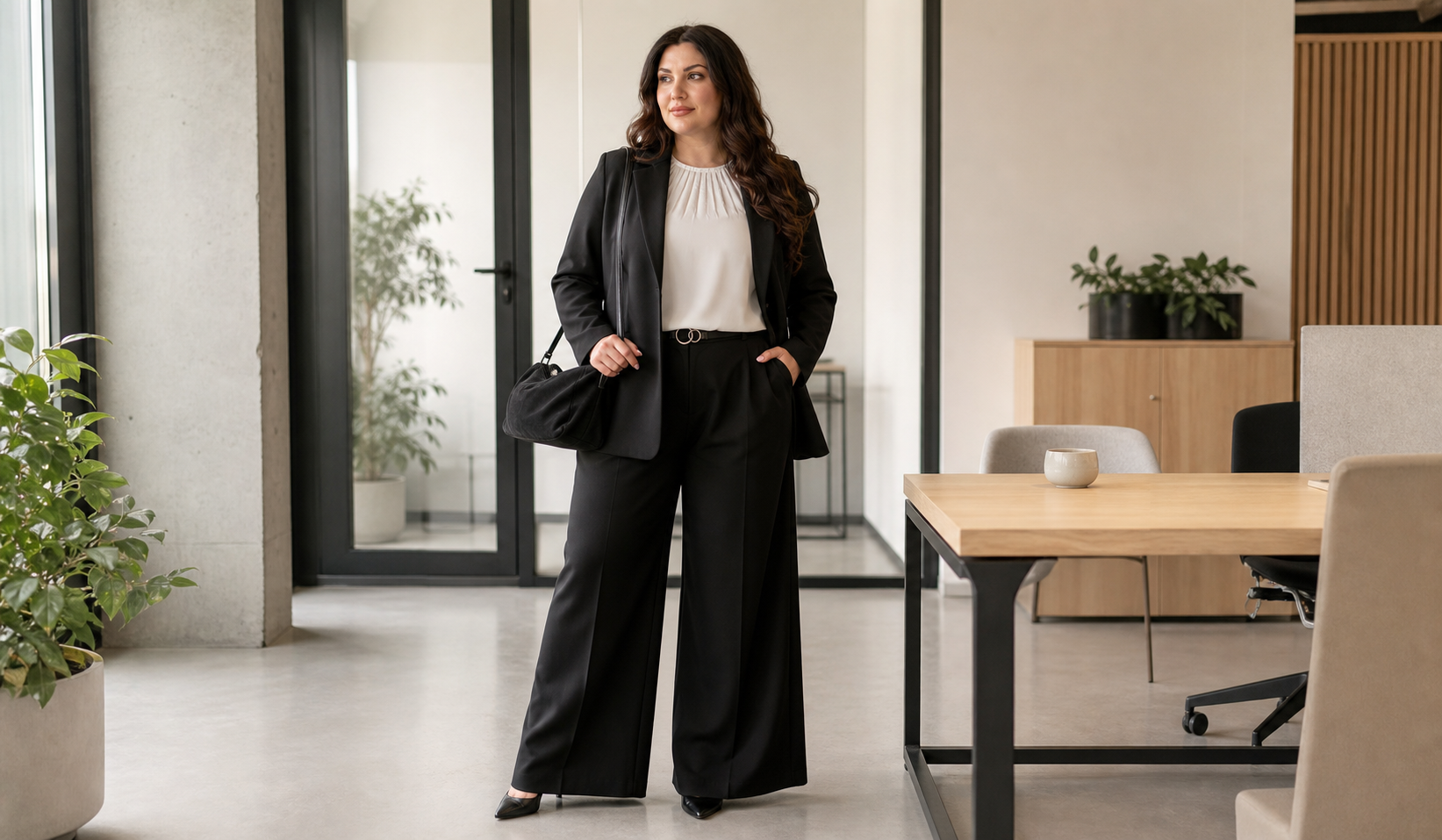 Black jacket, white tank, and culottes in a plus-size office look from Garne