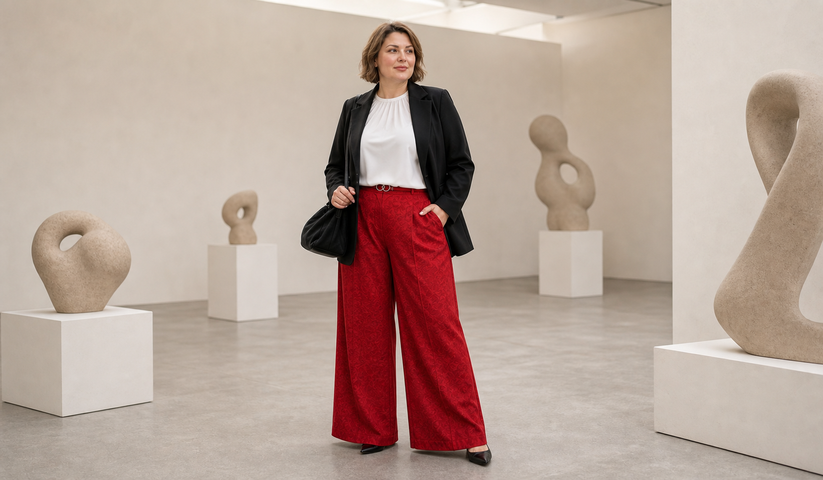 Black jacket, white tank top, and red trousers in the Garne plus size gallery