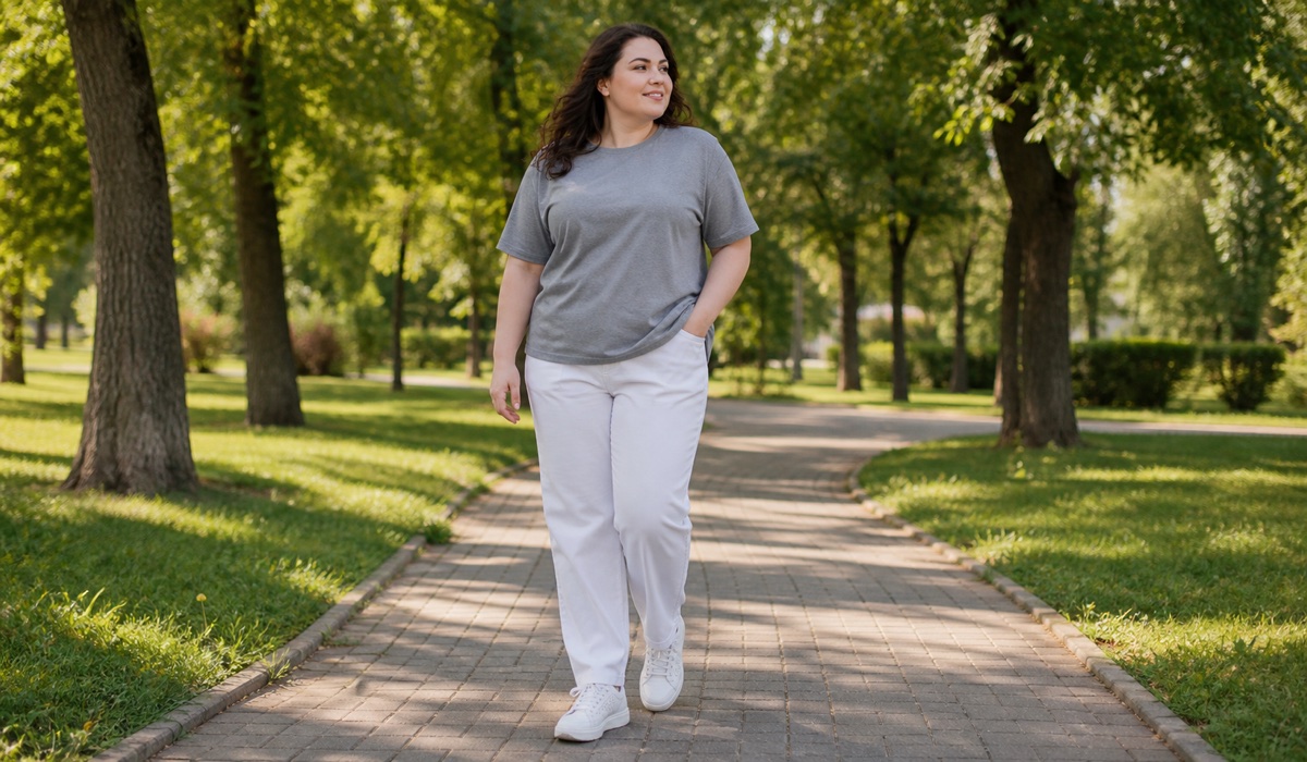 Plus-size woman in a gray T-shirt and white pants on a park path