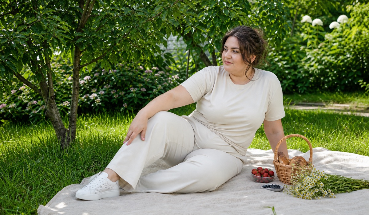 Plus-size woman in an ecru set at a garden picnic