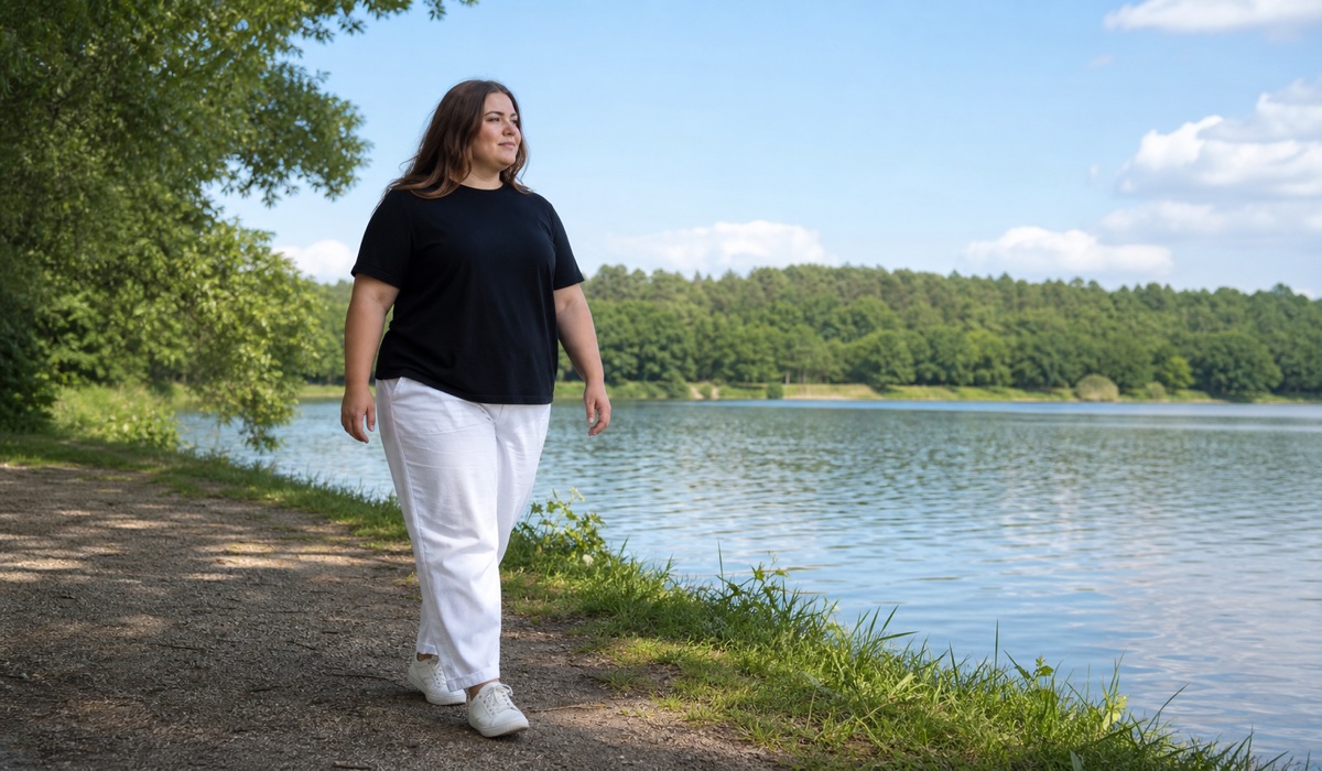 Plus-size woman in a black T-shirt and white pants by the water