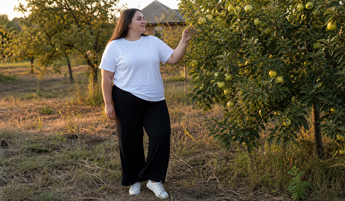Plus-size woman in a white T-shirt and black pants in a country garden