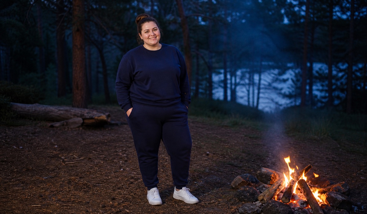 Plus-size woman in a dark blue suit by an evening campfire