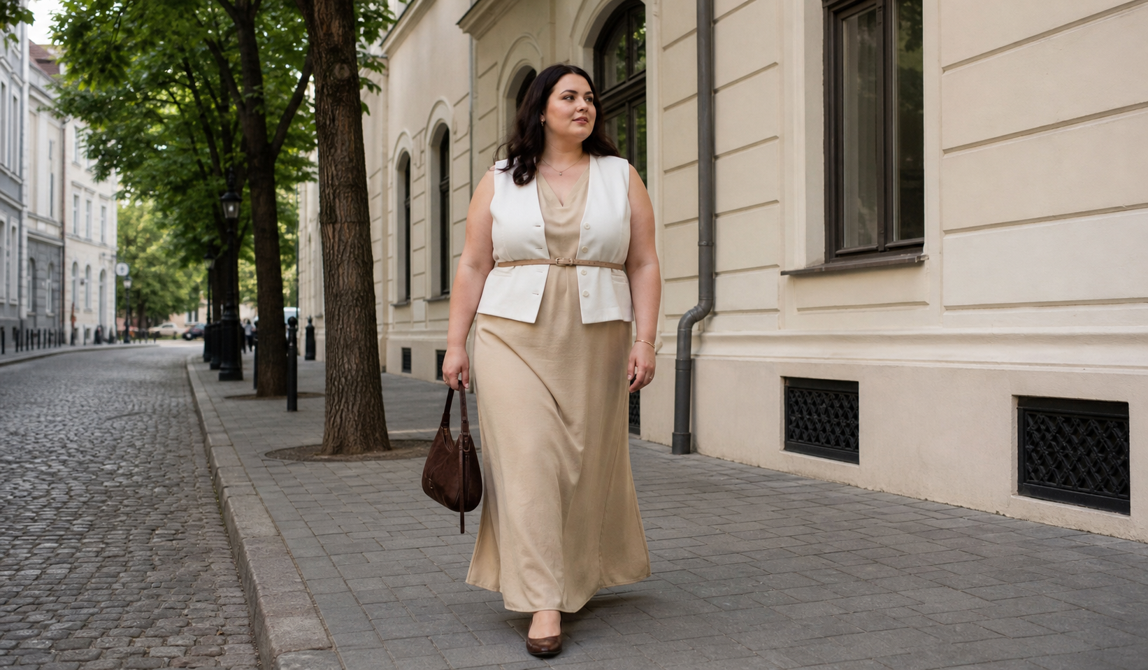 Beige dress with a milky vest for a walk